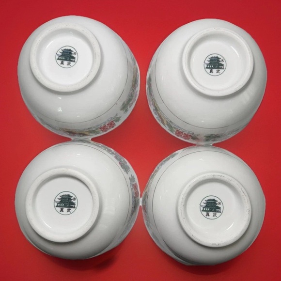 Vtg Chinese Porcelain Rice Soup Bowls Set Of 4 Birds Oriental Happiness Wedding - Picture 6 of 9